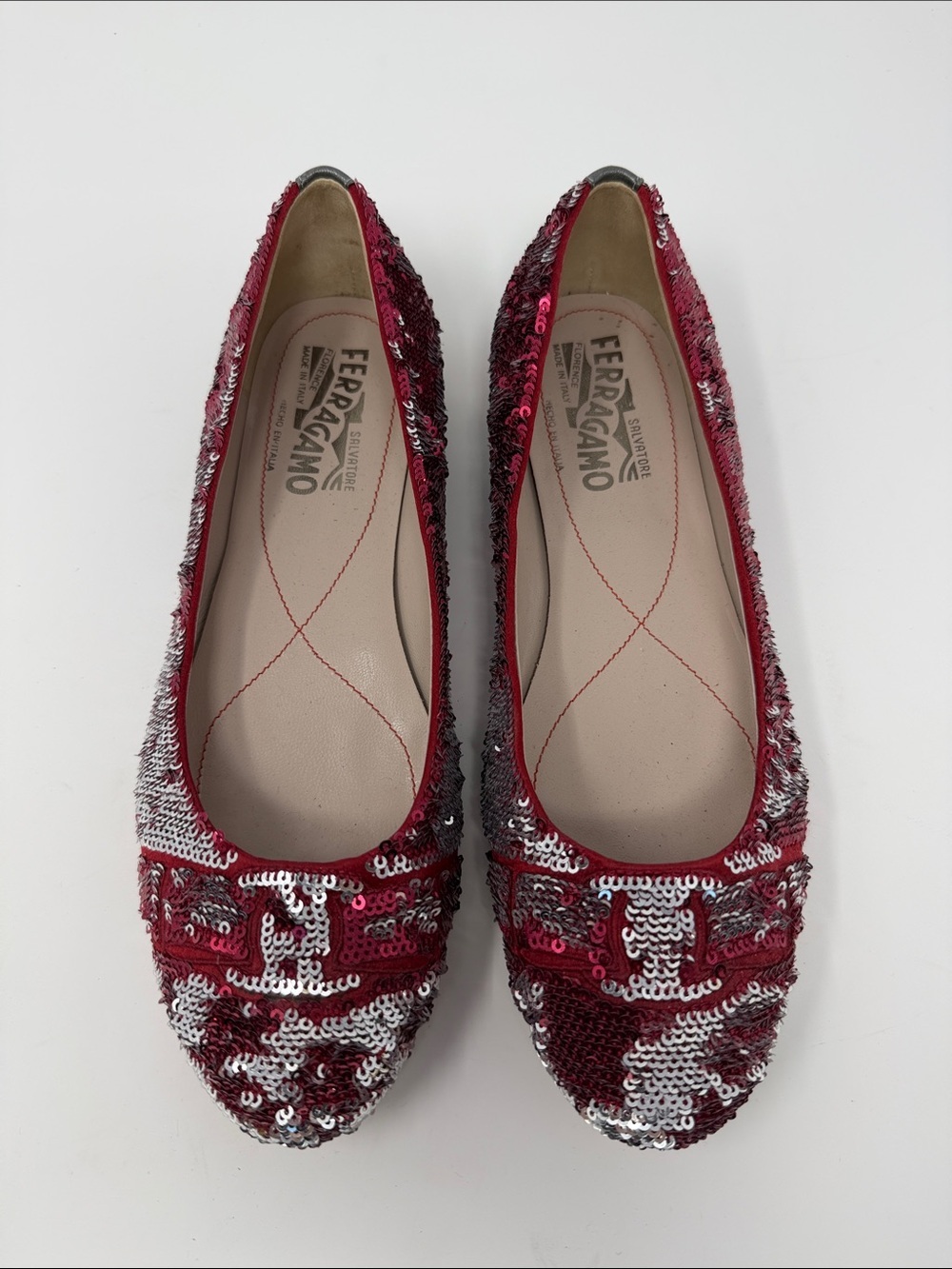 Salvatore Ferragamo Red and Silver Sequin Ballet Flats
